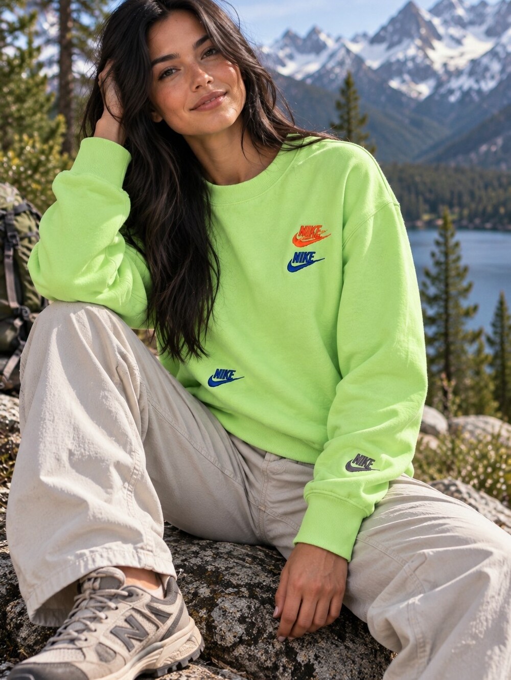 Nike Multi Logo Fleece Crewneck Sweatshirt Lime Green Size M